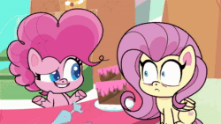 Size: 1920x1080 | Tagged: safe, screencap, fluttershy, pinkie pie, earth pony, pegasus, pony, g4.5, my little pony: pony life, pinkie pie: hyper-helper, animated, cake, colt, eyes closed, female, fetish fuel, food, inflation, male, mare, pie, popping, reformation, sitting, tongue out, webm