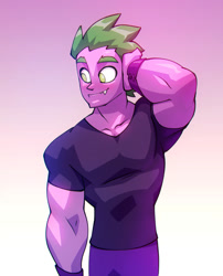 Size: 919x1137 | Tagged: safe, artist:bigdad, spike, human, g4, beefspike, fangs, gradient background, humanized, male, muscles, muscular male, older, older spike, pony coloring, solo