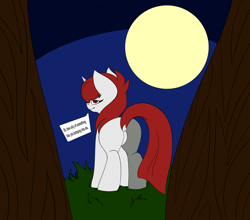 Size: 3023x2663 | Tagged: safe, artist:sundayrain, oc, oc only, oc:revy remilo, pony, unicorn, butt, dialogue, flank, forest, forest background, high res, looking at you, looking back, looking back at you, moon, night, plot, simple coloring, solo, speech bubble