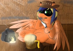 Size: 2360x1630 | Tagged: safe, artist:dicemarensfw, artist:jaycdandelion, oc, oc only, oc:midnight rider, pegasus, pony, alcohol, art, bag, beer, blade, blunt, candle, chair, chest fluff, digital art, drugs, ear piercing, earring, hat, hoof fluff, jewelry, joint, knife, looking at you, male, marijuana, necklace, piercing, shading, shadows, sitting, smiling, smirk, smoking, solo, spread wings, stallion, table, thief, unshorn fetlocks, wings