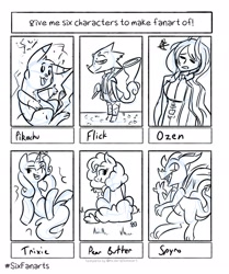 Size: 1715x2048 | Tagged: safe, pear butter, trixie, chameleon, dragon, earth pony, human, pikachu, pony, unicorn, anthro, g4, animal crossing, anthro with ponies, clothes, crossover, ear piercing, earring, female, flick, grin, jewelry, lineart, looking back, male, mare, monochrome, net, one eye closed, open mouth, piercing, pokémon, sitting, six fanarts, smiling, spyro the dragon, spyro the dragon (series), wink