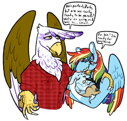 Size: 842x800 | Tagged: safe, artist:fastserve, gilda, rainbow dash, oc, oc:blue skies blitz, griffon, hippogriff, pegasus, anthro, g4, baby, clothes, crying, dialogue, family, female, hand on shoulder, interspecies offspring, lesbian, magical lesbian spawn, male, mother and child, mother and son, offspring, parent:gilda, parent:rainbow dash, parents:gildash, plaid shirt, ship:gildash, shipping, shirt, simple background, speech bubble, tears of joy, transparent background, unmoving plaid