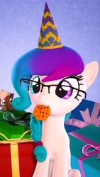 Size: 2304x4096 | Tagged: safe, artist:flushthebatsanta, oc, oc only, oc:aurora starling, earth pony, pony, 2019, 3d, cookie, cute, duo, female, food, gift art, glasses, hat, heterochromia, party hat, present, simple background, sitting, source filmmaker, tail