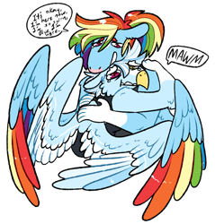 Size: 764x800 | Tagged: safe, artist:fastserve, rainbow dash, oc, oc:blue skies blitz, earth pony, hippogriff, anthro, g4, colored wings, colored wingtips, crying, dialogue, female, hug, interspecies offspring, magical lesbian spawn, male, mother and child, mother and son, multicolored wings, offspring, parent:gilda, parent:rainbow dash, parents:gildash, rainbow wings, simple background, speech bubble, spread wings, teary eyes, transparent background, winghug, wings