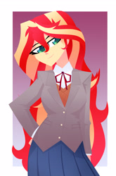 Size: 2154x3258 | Tagged: safe, artist:xan-gelx, sunset shimmer, human, equestria girls, g4, abstract background, clothes, cosplay, costume, doki doki literature club, eyelashes, female, green eyes, hand on hip, high res, humanized, long hair, looking away, multicolored hair, red hair, school uniform, skirt, smiling, solo, uniform, video game crossover, yellow hair