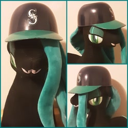 Size: 3464x3464 | Tagged: artist needed, safe, queen chrysalis, changeling, changeling queen, g4, collage, female, hat, high res, irl, photo, plushie, seattle mariners, smiling, wingless