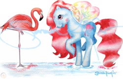 Size: 1500x964 | Tagged: safe, artist:ponyqueen, bird, flamingo, flutter pony, g1, female, mare, raised hoof, traditional art, tropical breeze, watercolor painting, watermark