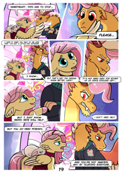 Size: 2100x3000 | Tagged: safe, artist:loryska, angel bunny, fluttershy, oc, oc:larkspur, hybrid, pegasus, pony, comic:friendship grows, g4, clothes, colored hooves, ear fluff, fangs, female, grumpy, high res, hoodie, interspecies offspring, male, mother and child, mother and son, offspring, parent:discord, parent:fluttershy, parents:discoshy, spread wings, wing hands, wings
