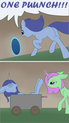 Size: 1183x2112 | Tagged: safe, artist:dusthiel, oc, oc only, oc:mirror magic, pony, unicorn, 2 panel comic, butt, cart, comic, female, magic, mare, plot, swirly eyes