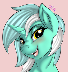 Size: 3160x3320 | Tagged: safe, artist:derpx1, lyra heartstrings, pony, unicorn, bust, looking at you, open mouth, portrait, simple background, smiling, smiling at you, solo