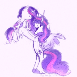 Size: 1024x1024 | Tagged: safe, artist:equmoria, oc, oc:alnair, oc:majestic loveliness (majesta), alicorn, pony, alicorn oc, female, holding a pony, hoof hold, horn, looking at each other, mare, mother and child, mother and daughter, open mouth, unshorn fetlocks, wings