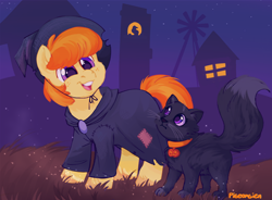 Size: 1150x845 | Tagged: safe, artist:pigeorgien, oc, oc only, oc:mrs. fluff, oc:pumpkin jam, cat, pony, cute, cuteness overload, diabetes, farm, female, filly, freckles, hat, night, nightmare night, ocbetes, open mouth, pigeorgien is trying to murder us, pumpkin, sparkles, sweet dreams fuel, unshorn fetlocks, witch costume, witch hat