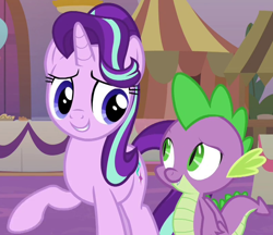 Size: 800x690 | Tagged: safe, screencap, spike, starlight glimmer, dragon, pony, unicorn, g4, memories and more, my little pony: friendship is forever, the last problem, cropped, duo, female, looking at each other, male, mare, winged spike, wings