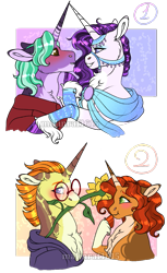 Size: 717x1175 | Tagged: safe, artist:malinraf1615, firelight, stellar flare, sunspot (g4), oc, oc:lucero glimmer, classical unicorn, pony, unicorn, g4, blushing, bridle, canon x oc, cloven hooves, female, flower, flower in mouth, horn, leonine tail, male, mouth hold, parent oc, previous generation, saddle arabian outfit, ship:flarespot, shipping, starlight glimmer's mother, straight, sunflower, tack, unshorn fetlocks