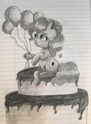 Size: 2954x4032 | Tagged: safe, artist:galaxy swirl, pinkie pie, earth pony, pony, g4, balloon, cake, food, solo