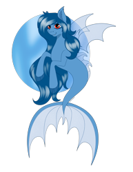 Size: 2028x2624 | Tagged: safe, artist:ashestoashkar, oc, oc only, oc:tazzee, bat pony, merpony, seapony (g4), bat pony oc, bat wings, blue mane, commission, fin wings, fins, fish tail, high res, ocean, simple background, smiling, solo, species swap, tail, transparent background, transparent wings, underwater, water, wings, ych result