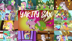 Size: 1978x1113 | Tagged: safe, edit, edited screencap, editor:quoterific, screencap, applejack, clementine, daisy, flower wishes, fluttershy, maud pie, pinkie pie, rainbow dash, rarity, twilight sparkle, alicorn, bird, earth pony, giraffe, pegasus, pony, rabbit, raccoon, squirrel, unicorn, g4, yakity-sax, animal, applejack's hat, bagpipes, belly, collage, covering, covering ears, cowboy hat, crying, eyes closed, gritted teeth, hat, mane six, musical instrument, open mouth, pinkamena diane pie, sad, twilight sparkle (alicorn), yovidaphone