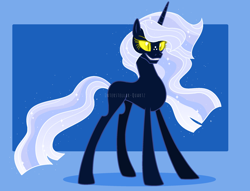 Size: 2512x1916 | Tagged: safe, artist:interstellar-quartz, oc, oc only, oc:silverlay, pony, unicorn, eyebrows, female, grin, high res, horn, mare, possessed, signature, smiling, solo, sparkly mane, sparkly tail, tail, unicorn oc