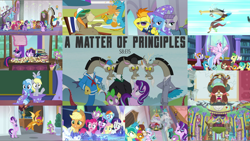 Size: 1974x1112 | Tagged: safe, edit, edited screencap, editor:quoterific, screencap, applejack, auburn vision, citrine spark, cozy glow, cranky doodle donkey, derpy hooves, discord, fire quacker, fluttershy, gallus, huckleberry, maud pie, ocellus, pinkie pie, rainbow dash, rarity, sandbar, silverstream, smolder, spike, spitfire, starlight glimmer, trixie, twilight sparkle, yona, alicorn, draconequus, dragon, earth pony, griffon, hippogriff, pegasus, pony, unicorn, yak, a matter of principals, g4, angry, bipedal, bipedal leaning, blushing, dragoness, eyes closed, female, filly, friendship student, glowing horn, horn, leaning, magic, magic aura, mane eight, mane seven, mane six, messy mane, one eye closed, open mouth, spit take, student six, twilight sparkle (alicorn), winged spike, wings