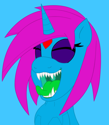 Size: 3520x4024 | Tagged: safe, artist:avengedritsuko, oc, oc only, oc:mimeo melody, pony, blue fur, eyes closed, maw, mawshot, mutant, needs more saturation, old design, open mouth, pink mane, sharp teeth, solo, swallow, swallowing, teeth, throat bulge, tongue out