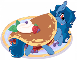 Size: 1920x1496 | Tagged: safe, artist:unichan, oc, oc only, oc:tazzee, bat pony, pony, :p, ;p, bat pony oc, blueberry, commission, female, food, implied cannibalism, mare, one eye closed, pancakes, ponies in food, solo, strawberry, tongue out, ych result