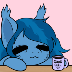 Size: 1200x1200 | Tagged: safe, artist:iridescentclaws, oc, oc only, oc:tazzee, bat pony, pony, :3, :p, animated, bat pony oc, bust, coffee, commission, eyes closed, gif, good girl, mug, sleepy, solo, tired, tongue out, ych result