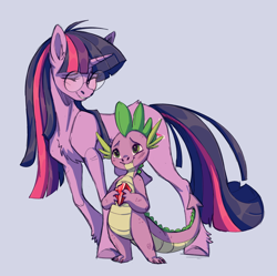 Size: 2308x2295 | Tagged: safe, artist:1an1, spike, twilight sparkle, dragon, pony, unicorn, g4, chest fluff, cute, female, gem, glasses, high res, male, mare, round glasses, simple background, smiling, spikabetes, unicorn twilight