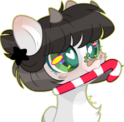 Size: 2601x2545 | Tagged: safe, artist:kurosawakuro, oc, oc only, oc:panda (broken-boulevard), pegasus, pony, base used, bust, candy, candy cane, female, food, high res, horns, mare, mouth hold, portrait, simple background, solo, transparent background