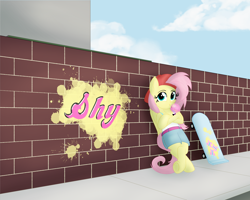 Size: 2500x2000 | Tagged: safe, artist:sixes&sevens, fluttershy, pegasus, pony, g4, 90s grunge fluttershy, backwards ballcap, baseball cap, bipedal, bipedal leaning, brick wall, bubblegum, cap, crossed arms, crossed legs, female, food, graffiti, gum, hat, high res, leaning, leaning back, looking at you, sidewalk, skateboard, solo
