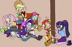 Size: 2048x1338 | Tagged: safe, artist:bugssonicx, applejack, fluttershy, rainbow dash, rarity, sci-twi, starlight glimmer, sunset shimmer, twilight sparkle, human, equestria girls, g4, arm behind back, bondage, bound and gagged, cap, chair, clothes, female, gag, glasses, hat, help us, ponytail, rainbond dash, rarity's purple bikini, rope, rope bondage, sarong, sun hat, swimsuit, tape, tape gag, teary eyes, tied to chair, tied up, untying