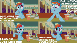 Size: 2000x1125 | Tagged: safe, edit, edited screencap, editor:quoterific, screencap, honey curls, mare e. lynn, rainbow dash, pegasus, pony, g4, the saddle row review, drink, female, imitation, rainbow fash, solo