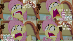 Size: 2000x1125 | Tagged: safe, edit, edited screencap, editor:quoterific, screencap, fluttershy, pegasus, pony, buckball season, g4, female, freakout, open mouth, solo