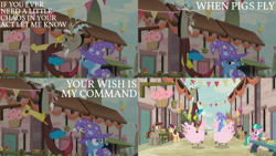 Size: 2000x1125 | Tagged: safe, edit, edited screencap, editor:quoterific, screencap, amethyst skim, cool beans, discord, flower flight, sunny song, trixie, draconequus, earth pony, flying pig, pegasus, pig, pony, unicorn, g4, to where and back again, balloon, cape, clothes, eyes closed, female, food, hat, male, open mouth, our town, surprised, trixie's cape, trixie's hat, wings