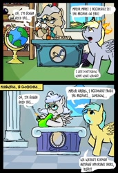 Size: 500x729 | Tagged: safe, artist:owlor, derpy hooves, mayor mare, sunshower raindrops, oc, earth pony, pegasus, pony, from the desk of mayor mare, g4, alcohol, bong, drugs, fire, frozen, globe, i just don't know what went wrong, icicle, mane on fire, on fire
