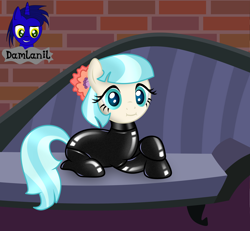 Size: 4154x3840 | Tagged: safe, artist:damlanil, coco pommel, earth pony, pony, g4, :i, catsuit, clothes, couch, cute, female, latex, latex suit, looking at you, lying down, mare, prone, rubber, shiny, show accurate, solo, suit, vector