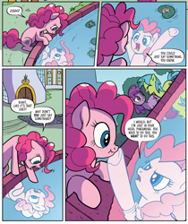 Size: 666x791 | Tagged: safe, artist:pencils, idw, cheese sandwich, pinkie pie, earth pony, pony, unicorn, g4, season 10, spoiler:comic, spoiler:comic94, angry, boop, cartoon physics, female, implied cheesepie, implied shipping, implied straight, nose wrinkle, noseboop, open mouth, pinkie being pinkie, pinkie physics, reflection, sad, scrunchy face, self-boop, sitting, solo