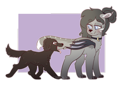 Size: 2000x1400 | Tagged: safe, artist:liefsong, oc, oc:crescent, dog, hybrid, sphinx, beloved pet, blushing, chest fluff, choker, in memoriam, labradoodle, paws, puppy, simple background