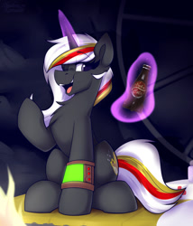 Size: 1500x1750 | Tagged: safe, artist:shadowreindeer, oc, oc only, oc:velvet remedy, pony, unicorn, fallout equestria, fanfic, fanfic art, female, glowing horn, horn, levitation, magic, mare, nuka cola, open mouth, pipbuck, sitting, smiling, solo, sparkle cola, telekinesis