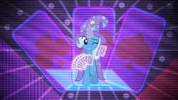 Size: 3840x2160 | Tagged: safe, artist:jhayarr23, artist:laszlvfx, edit, trixie, pony, unicorn, g4, female, glowing horn, hat, high res, horn, magic, mare, one eye closed, playing card, smiling, solo, telekinesis, wallpaper, wallpaper edit, wink