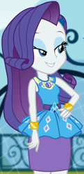 Size: 989x2045 | Tagged: safe, screencap, rarity, equestria girls, g4, my little pony equestria girls: better together, sock it to me, sock it to me: rarity, canterlot high, clothes, cropped, cute, diamond, dress, female, geode of shielding, gold, hand on hip, jewelry, legs, lidded eyes, magical geodes, makeup, necklace, outdoors, pencil skirt, raribetes, rarity peplum dress, skirt, sleeveless, smiling, soccer field, waistband, wrist cuffs
