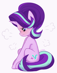 Size: 3167x4000 | Tagged: safe, artist:maren, starlight glimmer, pony, unicorn, angry, cute, female, frown, glimmerbetes, grumpy, looking down, madorable, mare, simple background, sitting, solo, white background