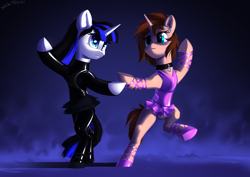 Size: 3100x2200 | Tagged: safe, artist:shido-tara, oc, oc only, oc:chloe adore, oc:coldlight bluestar, ballerina, ballet slippers, collar, commission, dancing, high res, latex, latex suit, looking at each other, simple background