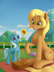 Size: 3543x4724 | Tagged: safe, artist:lin feng, sunflower spectacle, trixie, pony, unicorn, g4, cute, diatrixes, female, filly, filly trixie, flower, like mother like daughter, like parent like child, magic, mare, mother and child, mother and daughter, sunflower, young, younger