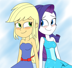 Size: 3441x3249 | Tagged: safe, artist:eagc7, applejack, rarity, equestria girls, g4, bare shoulders, blushing, cute, fall formal outfits, female, high res, holding hands, jackabetes, lesbian, raribetes, ship:rarijack, shipping, simple background, sleeveless, smiling, strapless