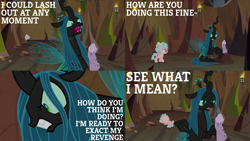 Size: 2000x1125 | Tagged: safe, edit, edited screencap, editor:quoterific, screencap, cozy glow, mean twilight sparkle, queen chrysalis, changeling, changeling queen, pegasus, pony, frenemies (episode), g4, angry, female, filly, log, nose in the air, open mouth