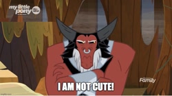 Size: 895x500 | Tagged: safe, edit, edited screencap, screencap, lord tirek, centaur, g4, angry, blatant lies, bracer, caption, crossed arms, cute, discovery family logo, evil lair, frown, grogar's lair, grumpy, i'm not cute, image macro, imgflip, lair, madorable, male, nose piercing, nose ring, piercing, septum piercing, solo, text, tirebetes, tirek is not amused, waterfall