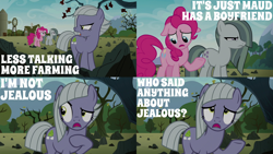 Size: 2000x1125 | Tagged: safe, edit, edited screencap, editor:quoterific, screencap, limestone pie, marble pie, pinkie pie, earth pony, pony, g4, the maud couple, angry, dialogue, female, i'm not jealous limestone, mare, open mouth, rock, rock farm, squint, stare, tree, trio, trio female