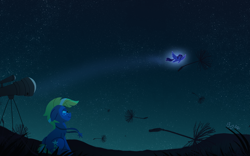Size: 4500x2800 | Tagged: safe, artist:bearmation, star tracker, twilight sparkle, alicorn, earth pony, pony, cute, dandelion, featured image, female, floppy ears, flying, high res, looking at each other, looking up, male, mare, night, shipping, sitting, smiling, stallion, stargazing, stars, straight, sweet dreams fuel, telescope, trackerbetes, twiabetes, twilight sparkle (alicorn), twitracker