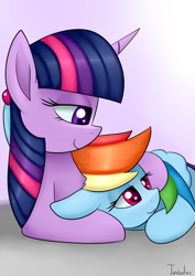 Size: 2480x3507 | Tagged: safe, artist:twidasher, rainbow dash, twilight sparkle, pegasus, pony, g4, chest fluff, duo, feather, female, floppy ears, high res, hug, lesbian, ship:twidash, shipping, signature, smiling
