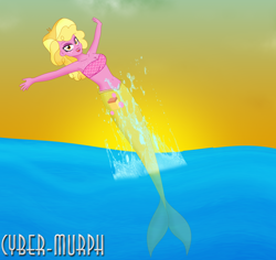 Size: 2488x2344 | Tagged: safe, artist:cyber-murph, taffy shade, mermaid, equestria girls, g4, my little pony equestria girls: better together, my little pony equestria girls: friendship games, armpits, arms in the air, arms wide open, background human, belly, belly button, body freckles, freckles, hands in the air, high res, mermaidized, midriff, ocean, scale top, scales, signature, solo, species swap, splash, sunset, tube top